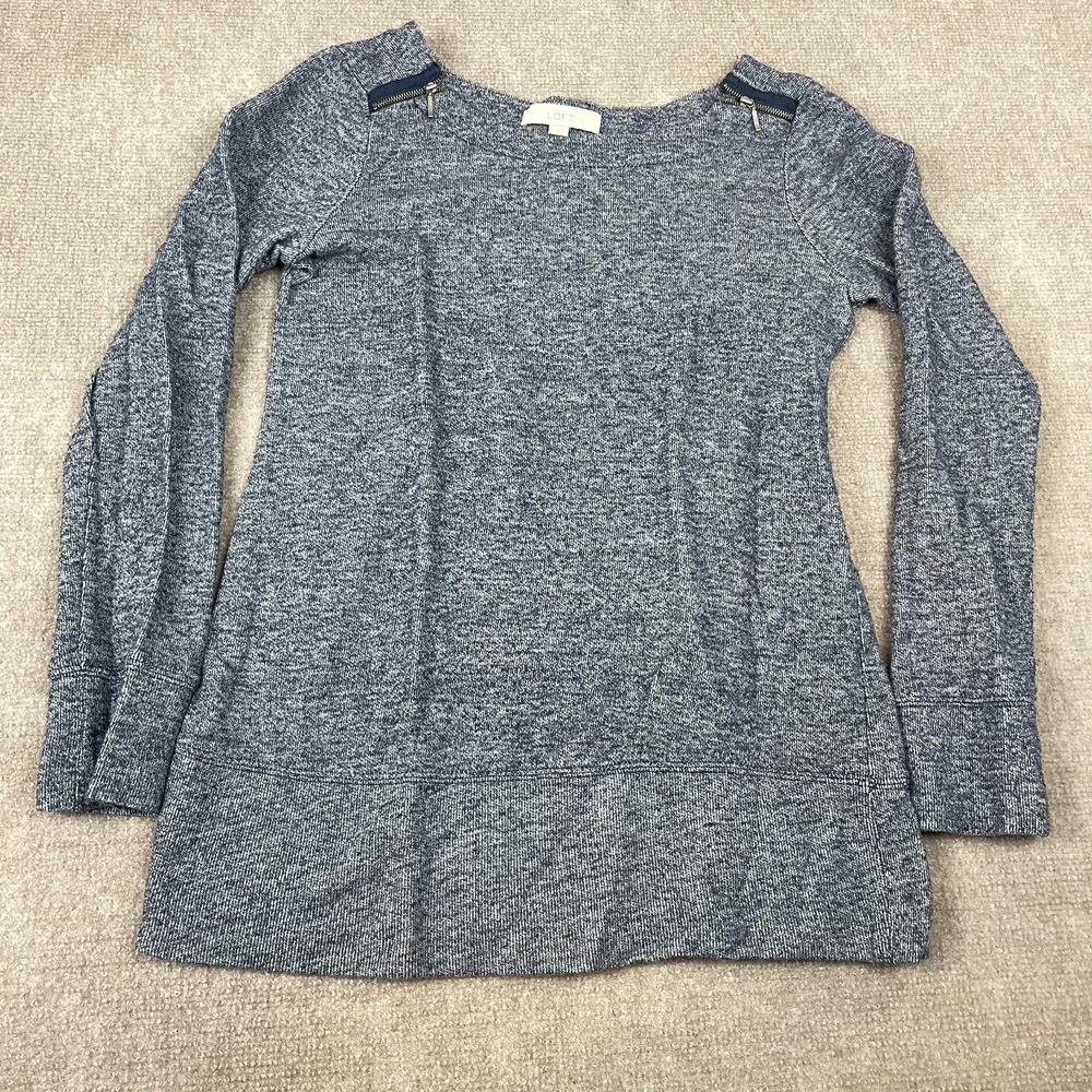 Loft Shoulders Zipper Sweater Womens Medium Gray Cotton Knit Round Neck Pullover